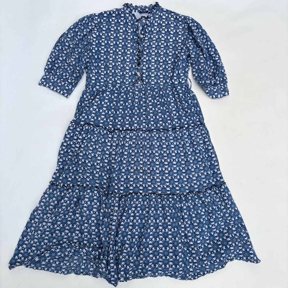 Madison Mathews Blue White Floral Cotton Block Print Tiered Midi Dress Large